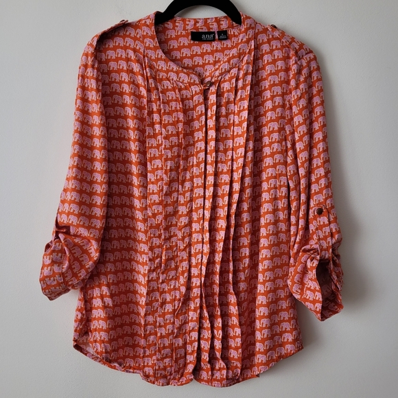 A.N.A. A New Approach Long Sleeve Blouse Orange + Pink Elephants Pleated Front - Picture 2 of 15